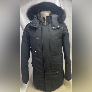 Moose  Knuckles Womens Parka Coat Black Stirling Hooded Shearling Trim Snap L